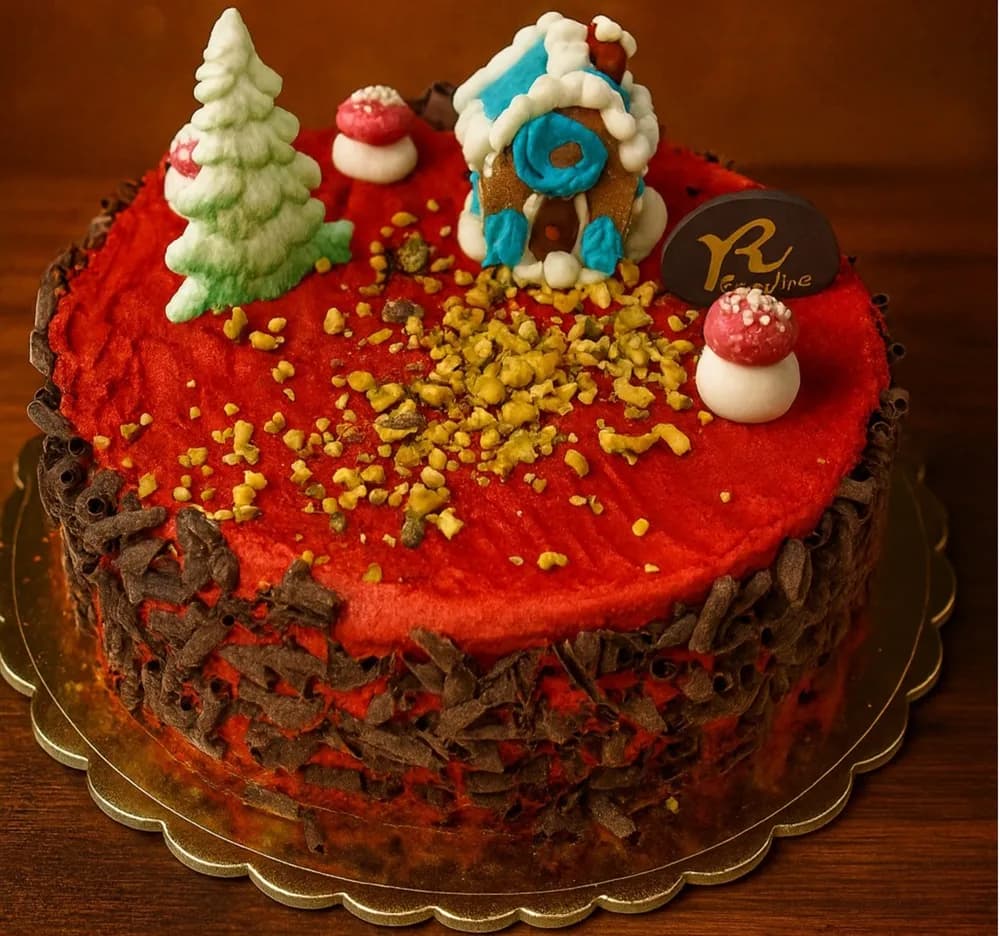 Torta natalizia decorata con casetta e alberello di marzapane